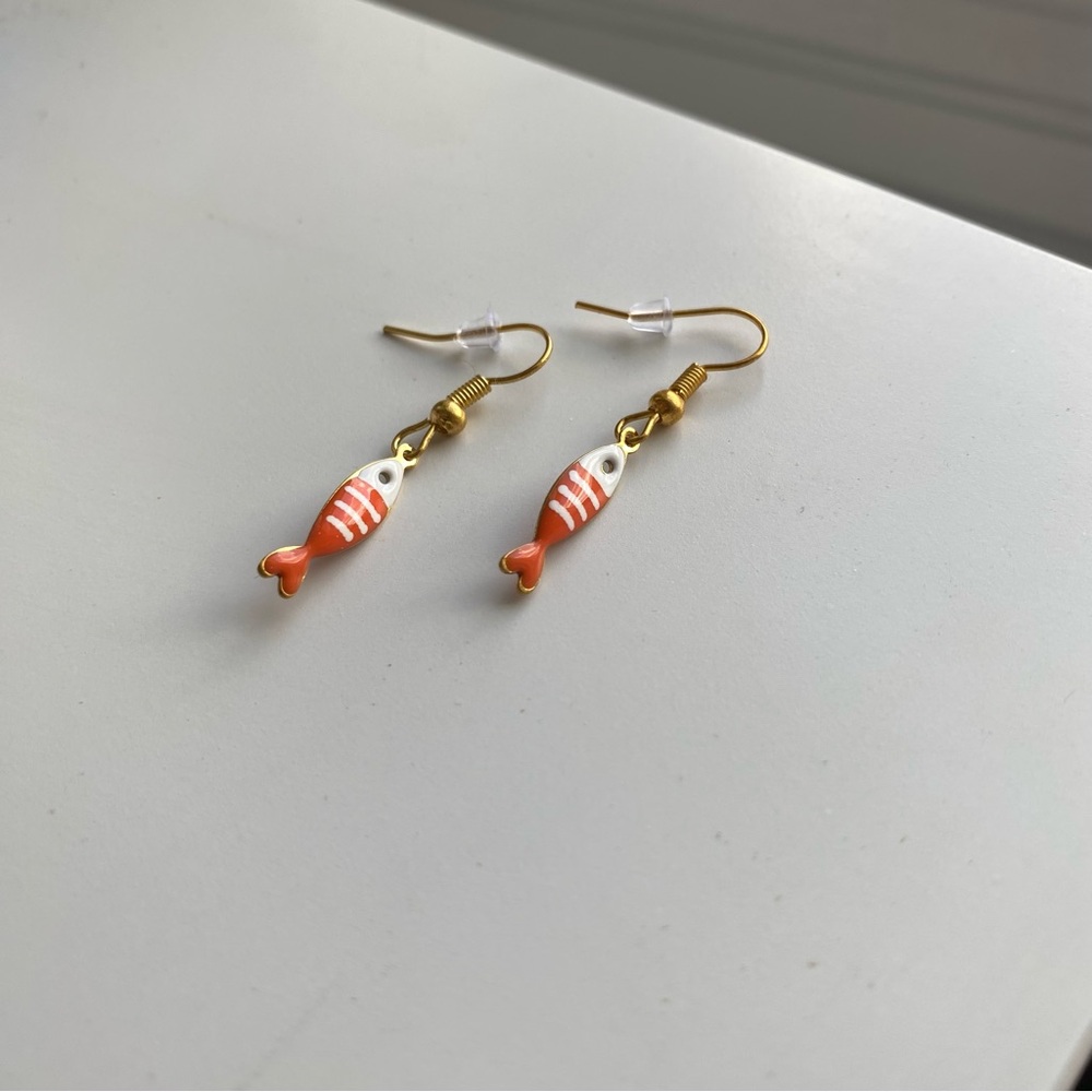 Handmade GOLD STAINLESS STEEL Earrings Striped Sardines Fish Nautical Fairy Cute - Picture 5 of 8